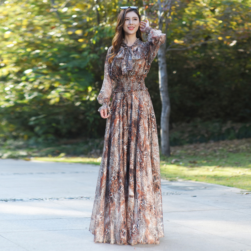 Leopard Print Dress, Long Ankle-Length Summer Slimming Chiffon Dress, Floor-Length Maxi Beach Dress with a Large Hem