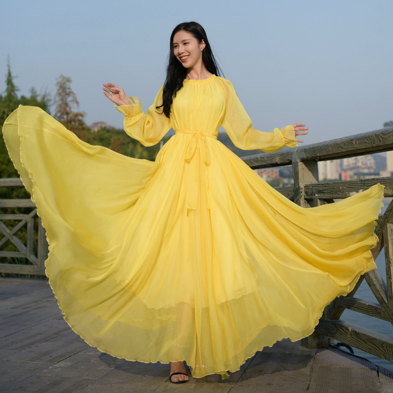 Beach Dress, New Large Size Ankle-Length Chiffon Long Dress, Wide Hem, Sanya Photo Shoot Dress, Seaside Vacation Fairy Dress