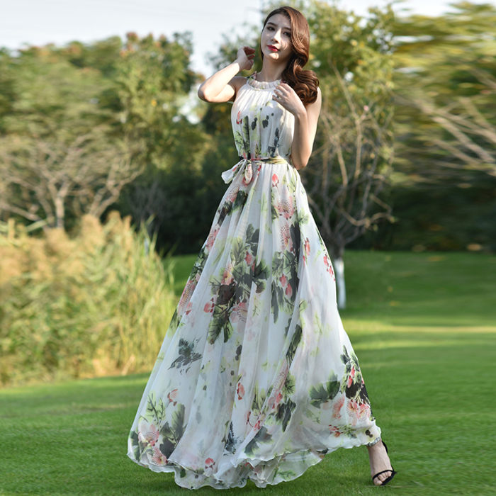 Halter Neck Chiffon Beach Dress for Women, Summer 2024 New Style, Seaside Vacation, Super Fairy-Like, Extra-Long Ankle-Length Dress