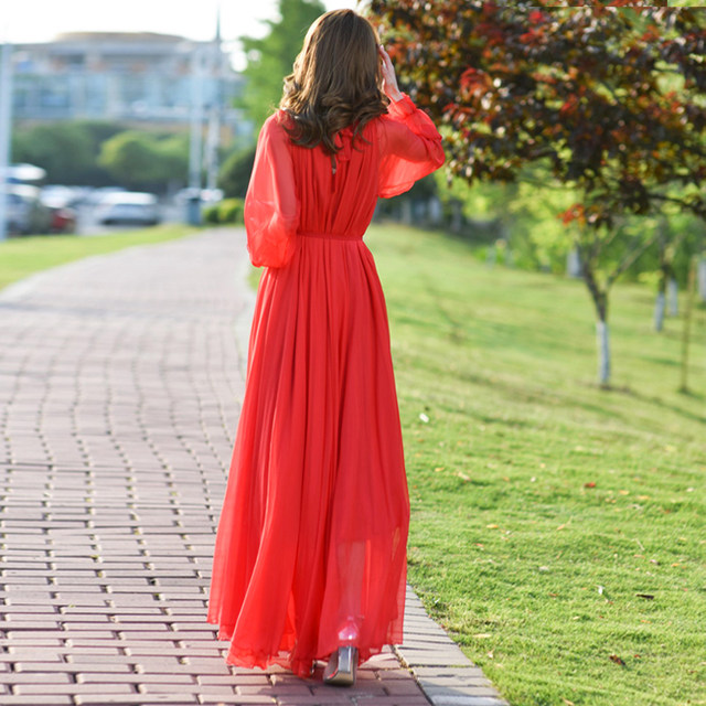 Chiffon super long large hem dress plus size temperament fairy skirt long skirt summer skirt super fairy beach vacation dress ສໍາລັບແມ່ຍິງ