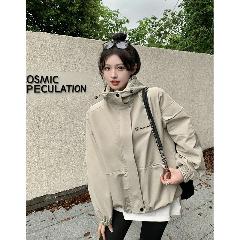 Jogging Champion Hooded Windbreaker for Petite Women, Windproof Baseball Jacket, Short Coat, Spring and Autumn Jacket, Workwear Trench Coat, Trendy