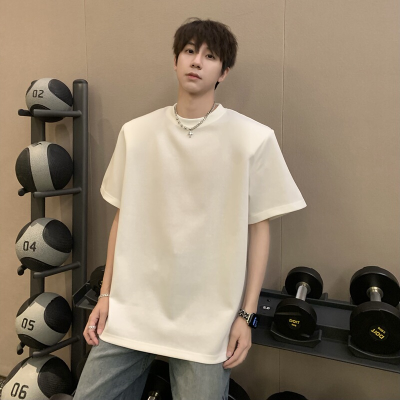 Jkspace Heavyweight Simple Basic Solid Color Detachable Shoulder Pad Short-Sleeve T-Shirt for Men, Summer Round Neck Loose Half-Sleeve Top