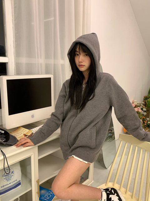 PUNCHUN ມີບັນຍາກາດ lazy, cross hot diamond knitted zipper hooded cardigan top, loose sweater jacket