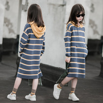 Girls Knitted Dress Autumn Winter Dress 19 New Girls Hooded Top Long Children Princess Sweater Dress