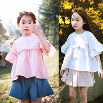 Korean girl cotton doll shirt top 17 summer childrens clothing new middle and large children loose Lotus T-shirt parent-child