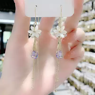 Strange flowers, Cat's Eye Stone Flower Earrings, long version of Purple zircon water drop tassel ear refining Super fairy temperament earrings female
