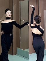 Yixin Latin dance clothing new black one-shoulder long-sleeved top halter neck back cross training clothing art test for women