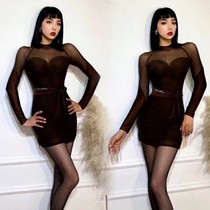 CHICA Dance Suit Latin Dance 2022 New Dark Brown Mesh Yarn Long Sleeve Dress Dance Suit Professional With Chest Cushion