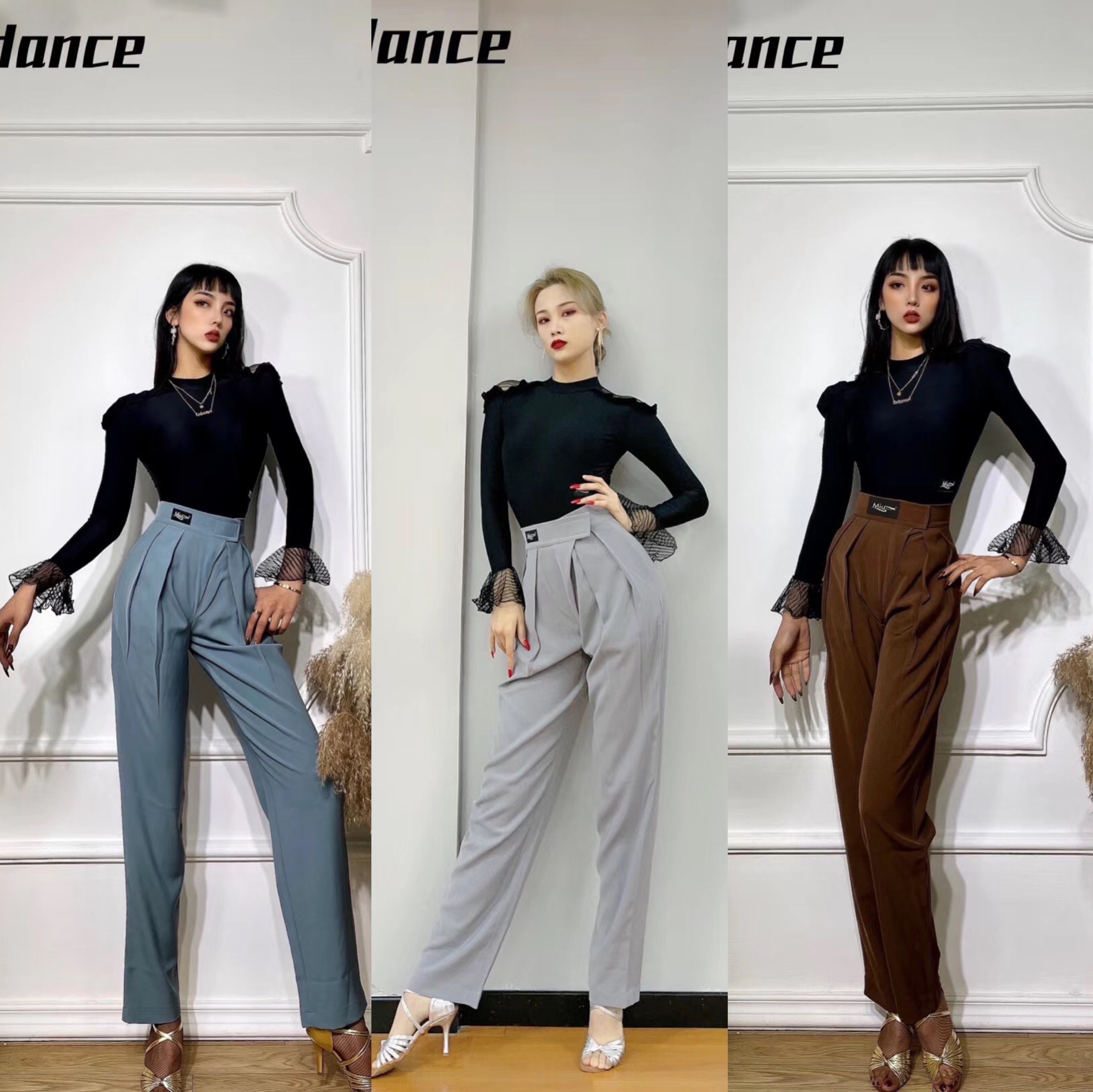 Miu 063 Latin modern exercise pants velcro design adjustable size slim legs long straight pants