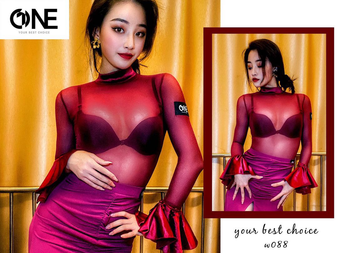 ONE 088 Sexy web yarn blouse Latin Morden dance suit sleeves can be torn apart two wearing specialties slim without underwear