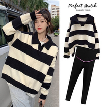Pregnant woman suit autumn and winter 2021 new winter blouses in pregnant womens sweater winter clothing gushed and thickened with two sets