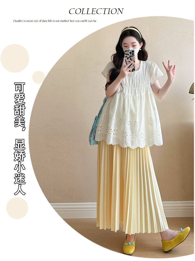 孕妇装夏套装2026新款孕妈高级穿搭蕾丝上衣百褶半身裙夏季两件套 — 2