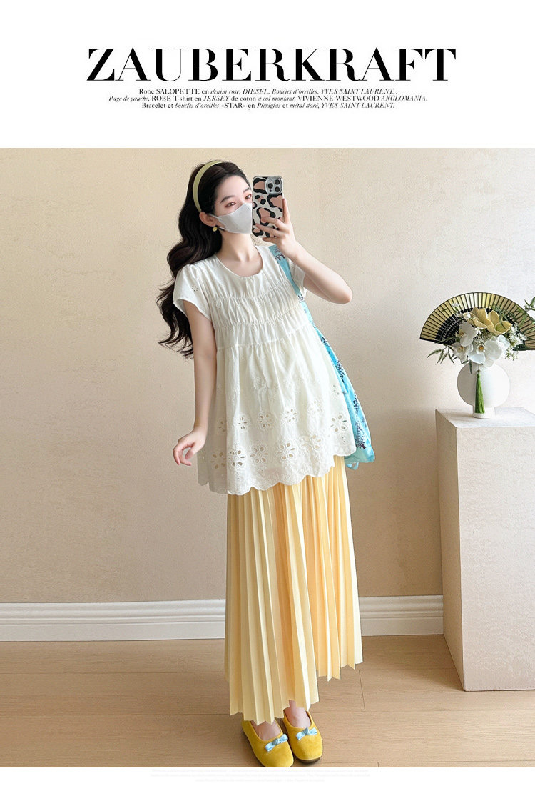 Maternity Summer Outfit 2026 New Style for Pregnant Moms, High-End Lace Top and Pleated Skirt Two-Piece Set for Summer — 20