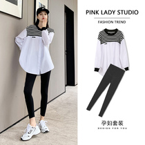 Pregnant Woman Suit Spring Autumn New 2021 Mesh Red Autumn Doll Blouse Striped Pregnant Woman Shirt Autumn Two Sets