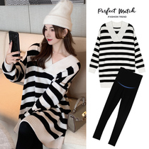 Pregnant womens autumn clothes suit Winter new 2021 Fashion winter net red striped sweater autumn and winter gestation Two sets