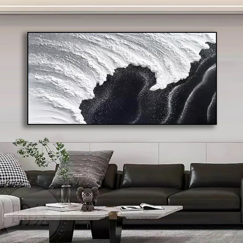 Living Room Hand-painted Oil Painting Wave Creaty Solid Abstract Black White Grey Style Decoration Painting Sofa Background Wall Hanging Painting-Taobao