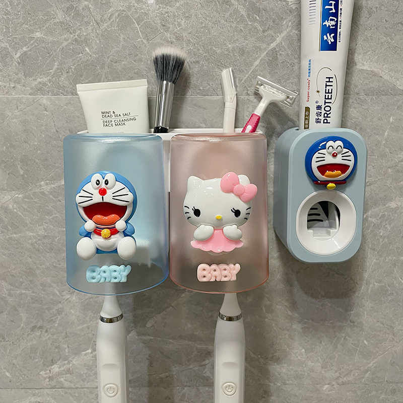 Punch-free wall-mounted storage drain cute couple toothbrush holder cartoon brushing cup mouthwash cup set device rack