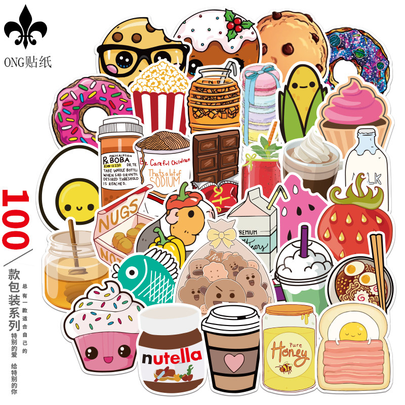 100 cartoon food stickers Notebook cute stickers Guitar skateboard waterproof fresh girl tie rod box stickers
