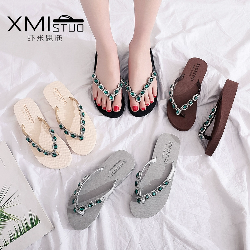 ins dép màu đỏ ròng và dép nữ ngoài mặc thời trang hoang dã kim cương phẳng flip flops dép đi biển trượt 