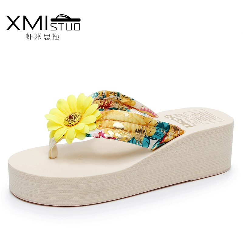 Dép nữ ven biển mùa hè bãi biển mới không trượt mặc ngoài flip flops dép giày nền tảng cao gót lớp vỏ dày 