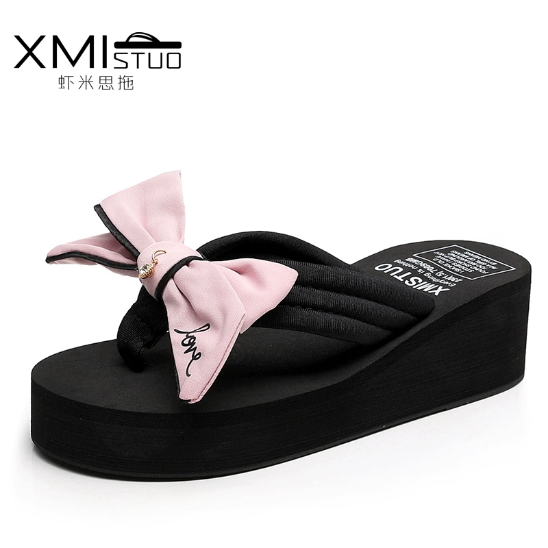 Flip-flops nữ mùa hè nơ lật Waichuan thời trang nặng có đáy không tuột dốc đáy mềm với dép đi biển và dép bãi biển 