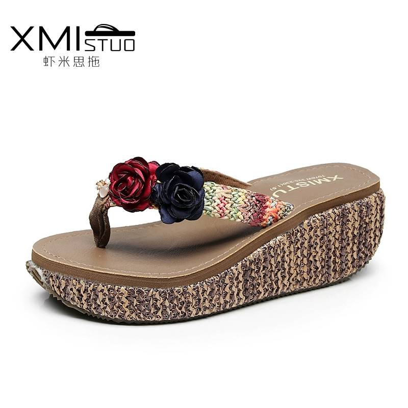 Mùa hè mới dép cao gót phụ nữ dép cỏ bãi biển hoa dệt flip flops dép trượt Waichuan 