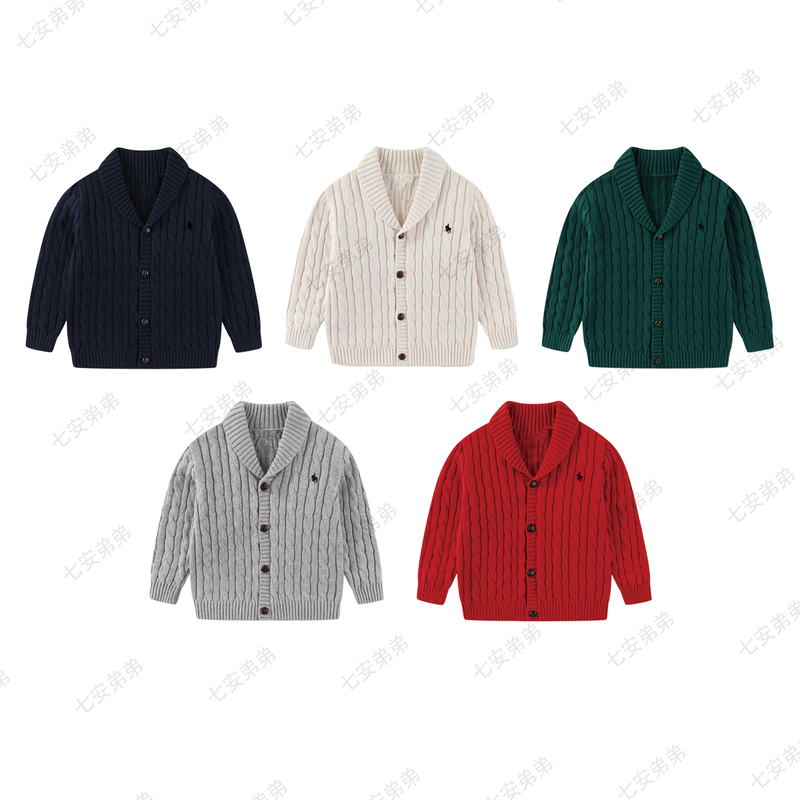 Rl Children's Style Lapel Collar Casual Knitted Sweater Pure Cotton Autumn and Winter