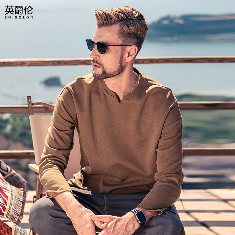 British knighthood 300g thick solid man long sleeve T-shirt V collar loose pure colour Compassionate American Jersey Blouses-Taobao