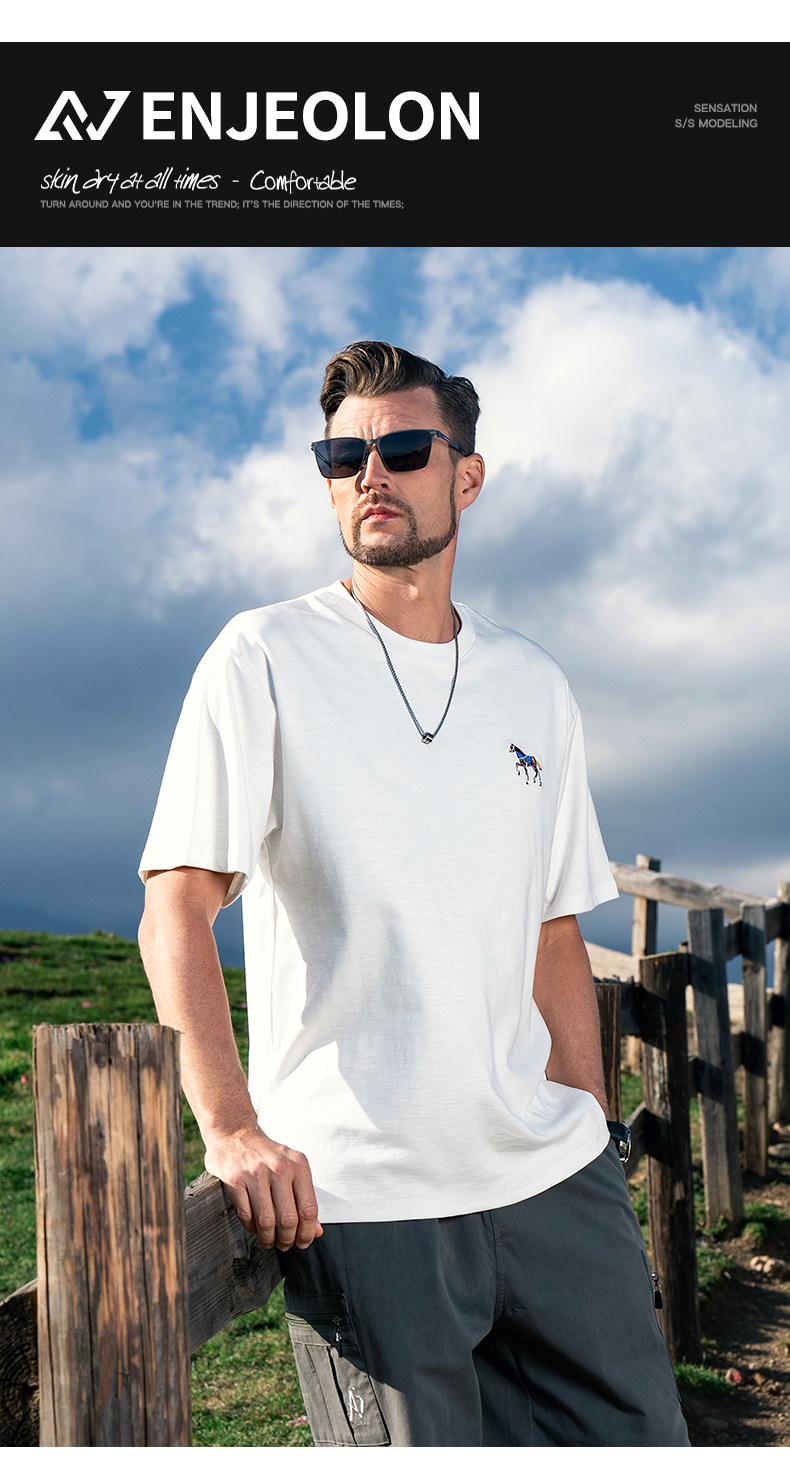 Yingjuelun 230g Heavyweight Pure Cotton Short-Sleeved T-Shirt for Men, Summer Loose Bamboo Cotton Half-Sleeve Casual Simple T-Shirt — تصویر 1