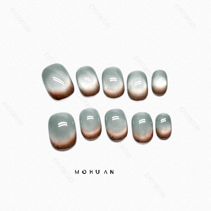 Purely Handmade Manicure, Green-Brown Gradient Wearable Nails, Short Style, Personalized Autumn and Winter Nail Patches, Whitening and High-End Feel