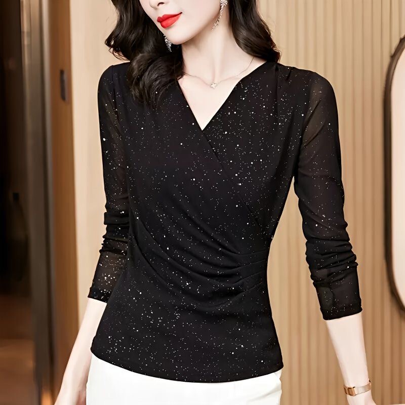 Black V-Neck Mesh Base Shirt for Women, Suitable for Layering in Autumn 2025, New Long-Sleeve T-Shirt, Stylish Lace Top Black V-Neck Mesh Base Shirt for Women, Suitable for Layering in Autumn 2025, New Long-Sleeve T-Shirt, Stylish Lace Top