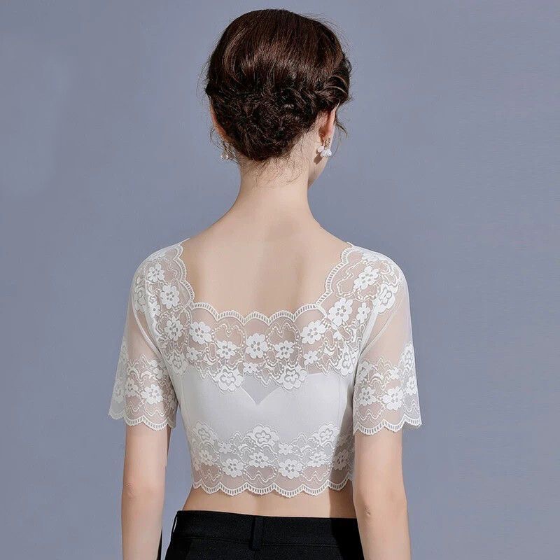 Lace Short-Sleeved T-Shirt for Women 2026 Summer New Style Cut Out Ultra-Thin See-Through Bottoming Shirt with Half Mesh Top Inside