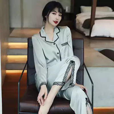 Korea Tide Pajamas Women 2021 New Sexy Long Sleeve Ice Korean Black Lace Home Clothes Two Piece