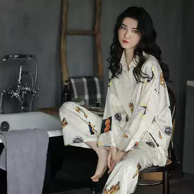 Korean Chao brand pajamas female spring and autumn ice silk long sleeve summer silk printing Net red can wear home clothes two sets
