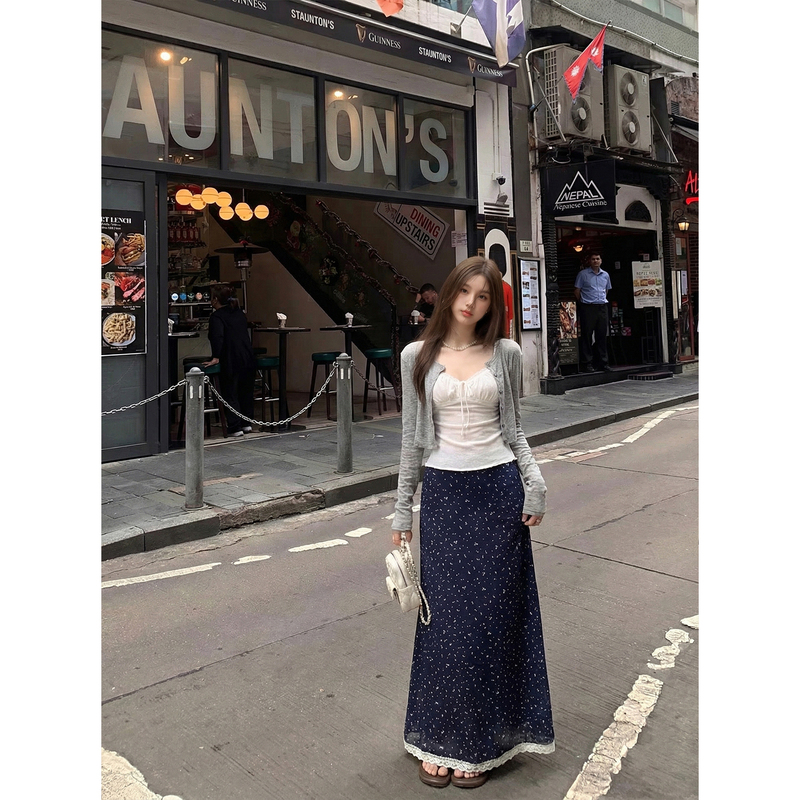 Korean Style Sweet and Spicy Outfit for Women Early Spring Knitted Cardigan with Small Camisole Floral Midi Skirt Three-Piece Set