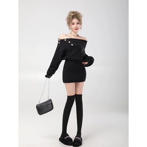 Сексуальное трикотажное трикотажное платье, шерстяное платье, корсет, юбка, в стиле Шанель, открытые плечи, с акцентом на бедрах, изысканный стиль