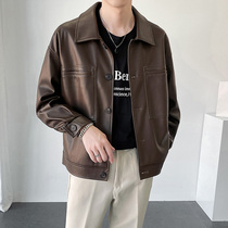 Design sense locomotive leather clothes mens autumn new ruffes handsome pu leather jacket Korean version wide pine pituitary leather jacket trend