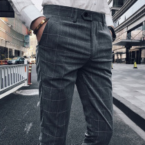 Summer new trendy mens nine-point pants Korean version slim all-match small pants mens business casual trousers plaid trend
