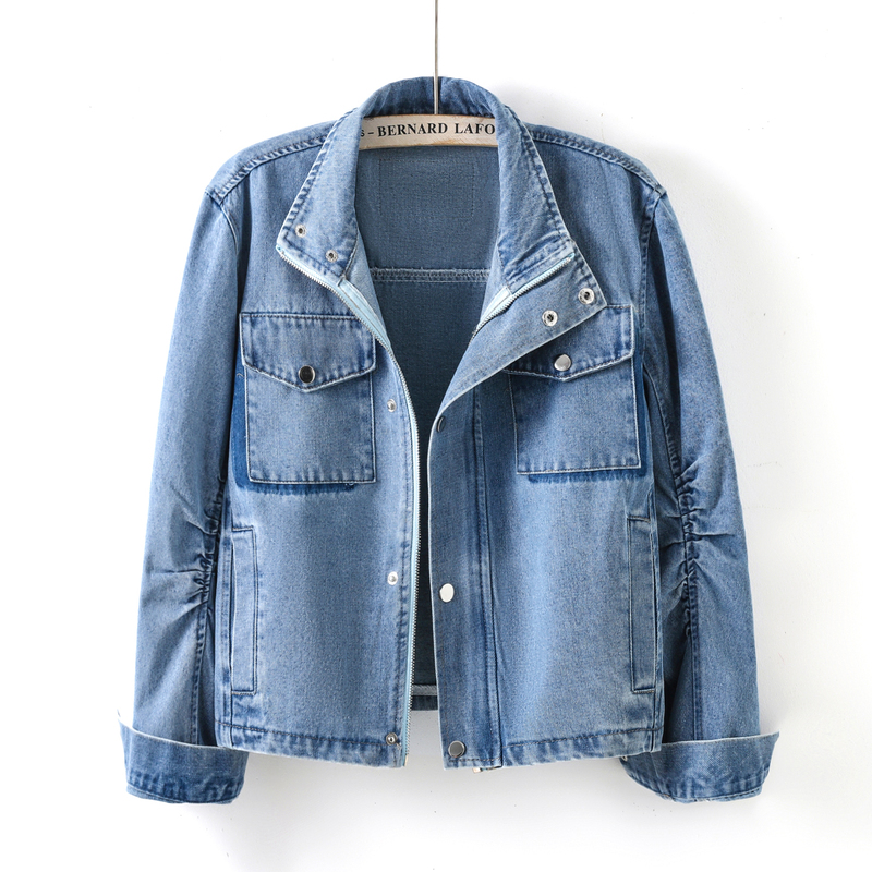 Blue Snap-Button Zip-Up Casual Denim Jacket for Women, Spring and Autumn, Loose Fit, Slimming, Versatile, Short Style for Petite Figures
