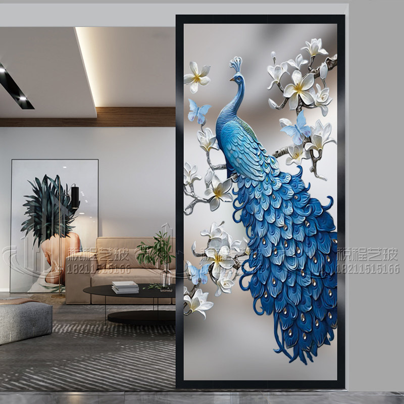 Modern European-style art glass screen partition wall living room porch aisle double-sided decorative tempered background wall peacock