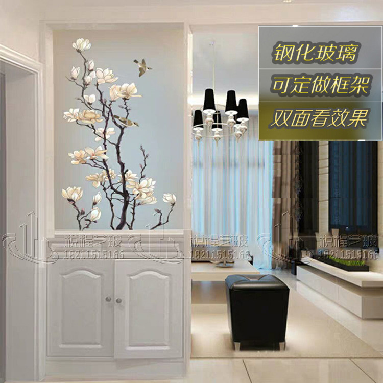 Modern minimalist art glass transparent screen Tempered frosted entrance aisle partition double-sided translucent process flowers and birds
