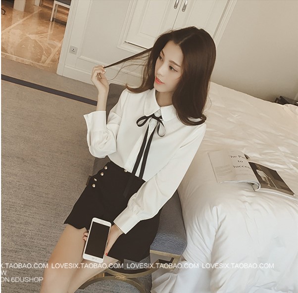 Mùa thu đông mới nhỏ mới cà vạt áo sơ mi trắng nữ dài tay Han Fan áo sơ mi rộng rãi chuyên nghiệp cộng với áo sơ mi nhung áo sơ mi trắng nữ công sở