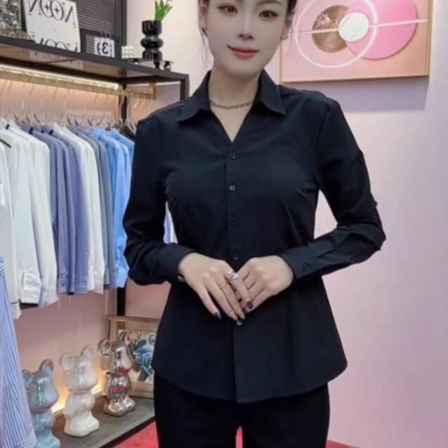 V-Neck Black Shirt for Women, Long-Sleeved, New Style for Spring and Autumn, Formal Business Wear, Wrinkle-Resistant, High-End Feel, Front Desk, Bank, Commuting Shirt