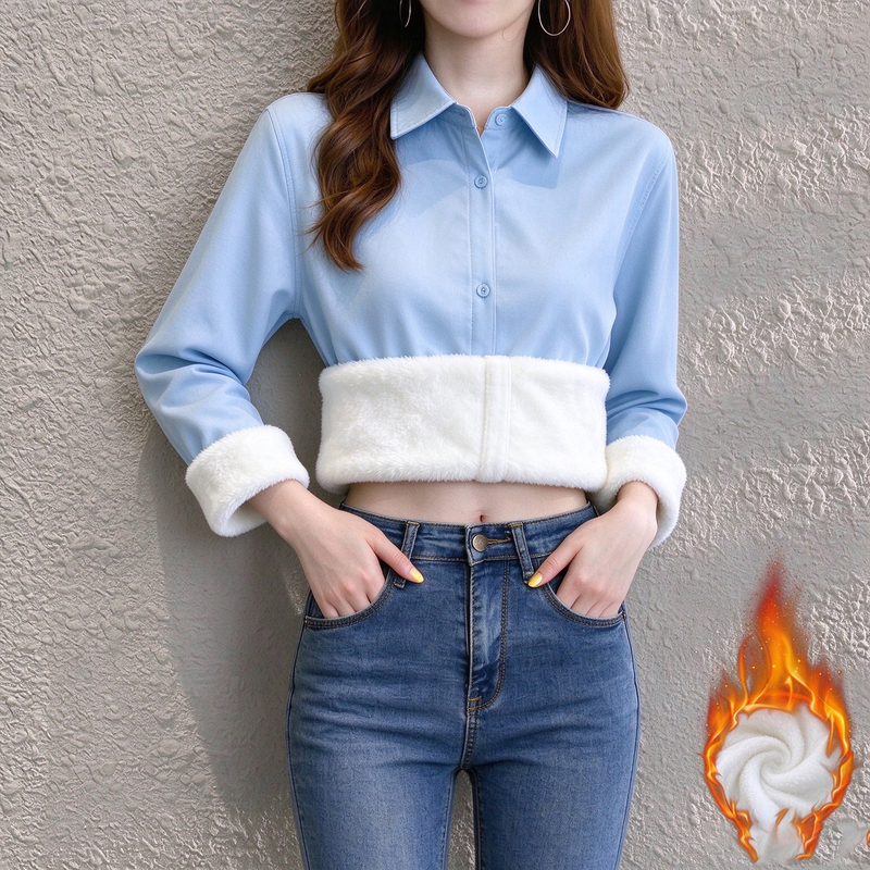 Autumn and Winter Effortless Whitening Effect Fleece-Lined Blue Shirt for Women, Long-Sleeved, Slim-Fitting, Gentle, Everyday Shirt with a Youthful Feel Autumn and Winter Effortless Whitening Effect Fleece-Lined Blue Shirt for Women, Long-Sleeved, Slim-Fitting, Gentle, Everyday Shirt with a Youthful Feel
