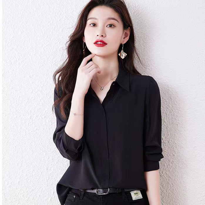 Spring and Autumn New Style Anti-Wrinkle Easy-Care Cool Black Shirt for Women Long-Sleeved College Student Work Photo Business Shirt