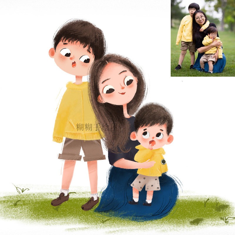 Cartoon Q version hand-drawn avatar Couple family portrait portrait sketch real character image logo design comic customization