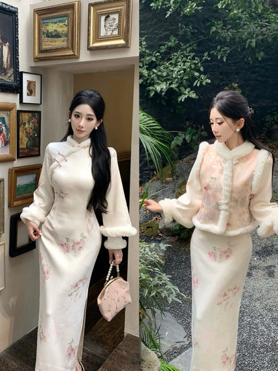 新中式温柔设计感毛领盘扣马甲旗袍连衣裙女2025冬季国风气质套装