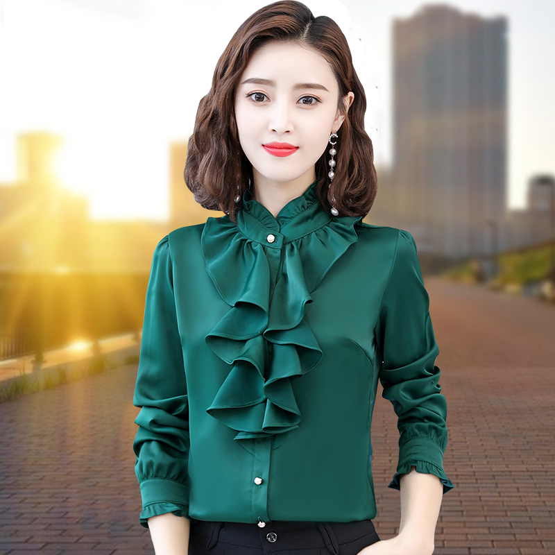 Stand Collar Long-Sleeve Base Shirt for Women, New Korean Style, Fleece-Lined, Warm, Thickened, Ruffled Chiffon Blouse