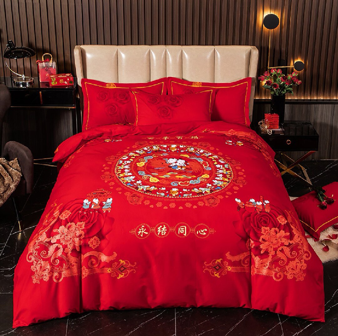 Big red wedding four-piece set thick cotton grinding bristle Wedding 4-piece set of pure cotton quilt cover dragon phoenix hundred roses