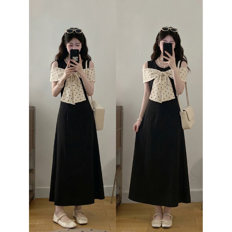 Aimeiyue~ Plus-Size Women's Summer New Off-Shoulder Polka Dot Bow Dress, Black Waist-Cinching Slimming Long Dress Aimeiyue~ Plus-Size Women's Summer New Off-Shoulder Polka Dot Bow Dress, Black Waist-Cinching Slimming Long Dress